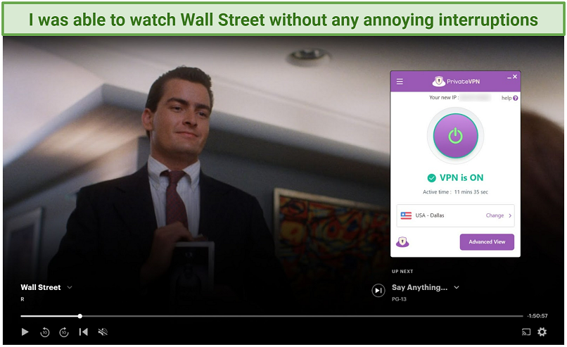 Screenshot of Hulu player streaming Wall Street while connected to PrivateVPN