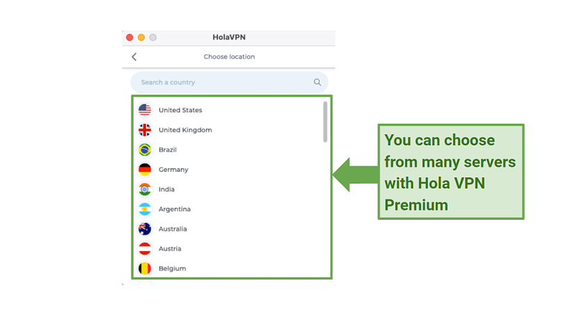 Graphic showing Hola VPN server list