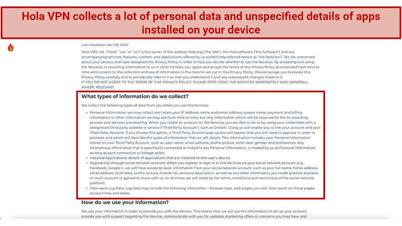 A screenshot of Hola VPN's privacy policy detailing the information that it collects from its users
