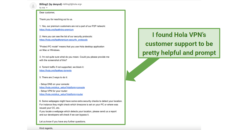 Graphic showing Hola VPN customer support