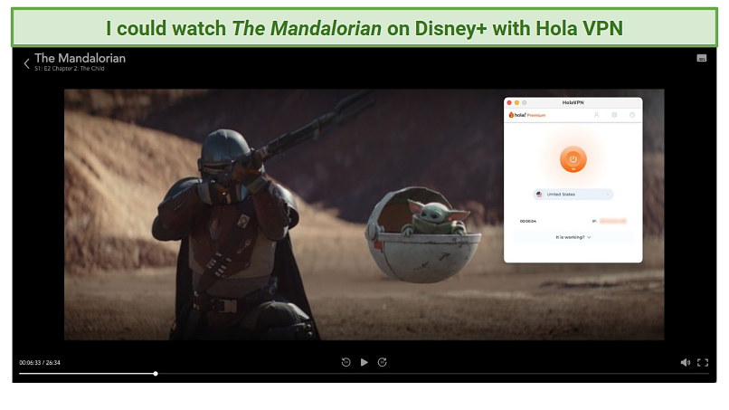 Screenshot of Disney+ player streaming The Mandalorian with HolaVPN