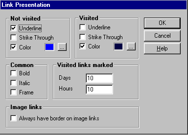 The Opera dialog box for configuring the rendering of links