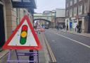 Temporary traffic lights on Foregate Street in Worcester.