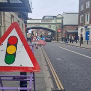 Temporary traffic lights on Foregate Street in Worcester.