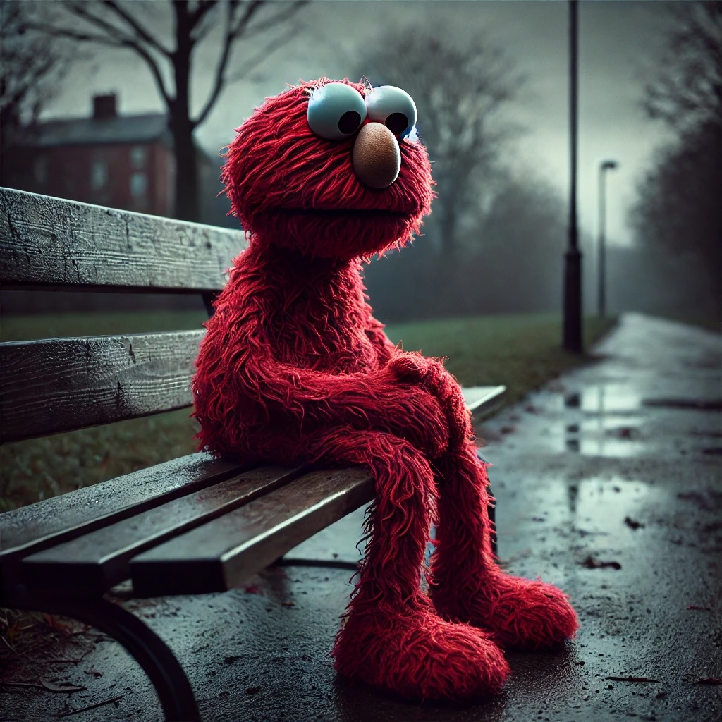 Sad Elmo sitting on a park bench, in a gloomy weather, with rain puddles on the street.