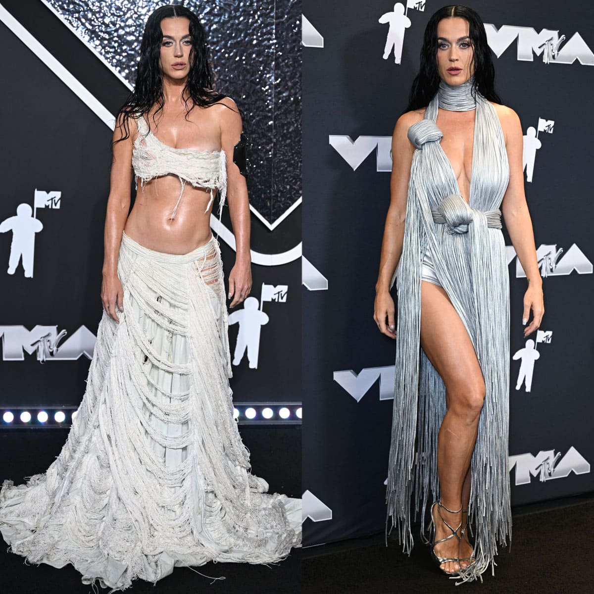 Katy Perry showcases her toned figure in barely-there shipwrecked looks: a cream-colored Who Decides War two-piece outfit and a metallic silver Area fringe dress