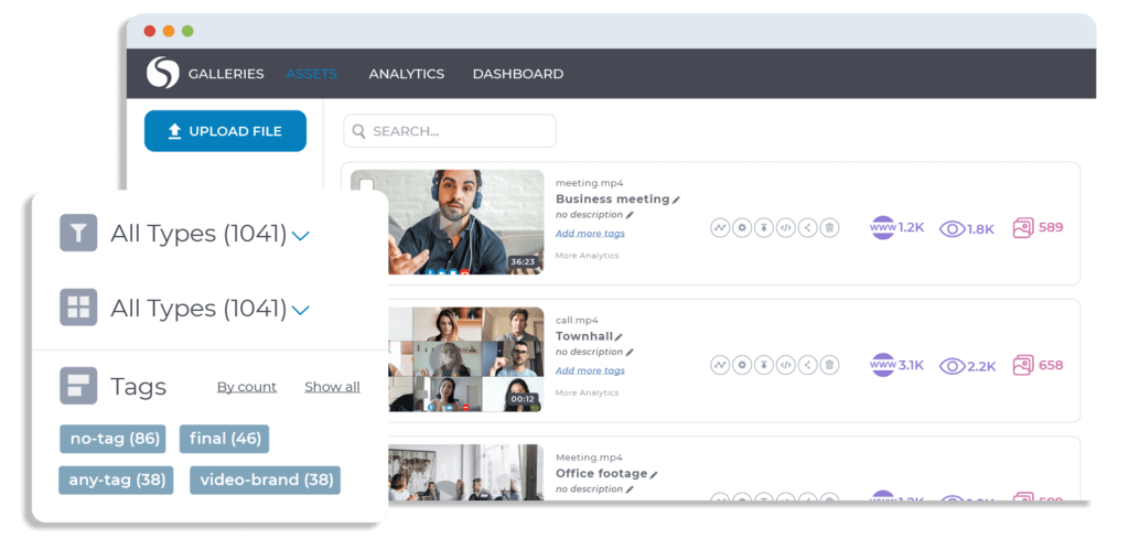Video library with filtering and organization options such as file types and tags on Cincopa’s video hosting platform