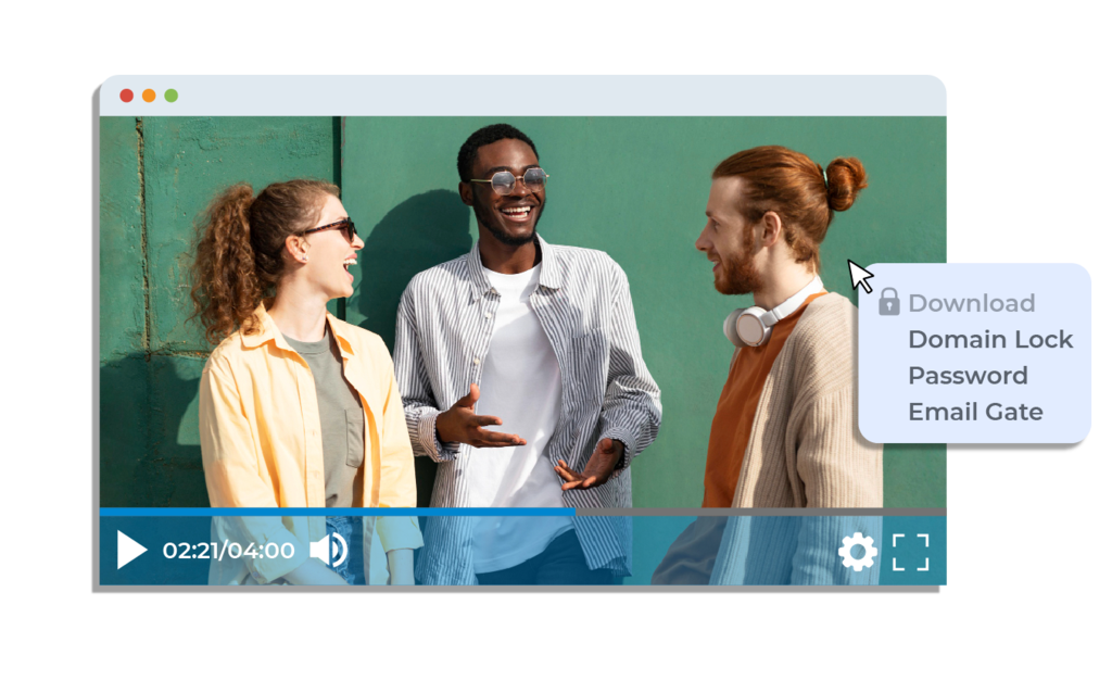 Video with three people talking on a secure video player with security options such as password, email gate and domain lock